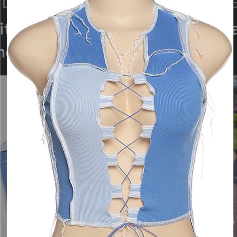 Blue Distressed Lace-Up Ribbed Crop Top